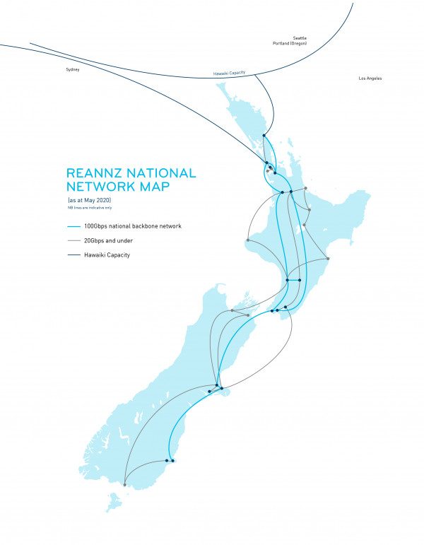 Map of New Zealand showing REANNZ national network Points of Presence (PoPs)
